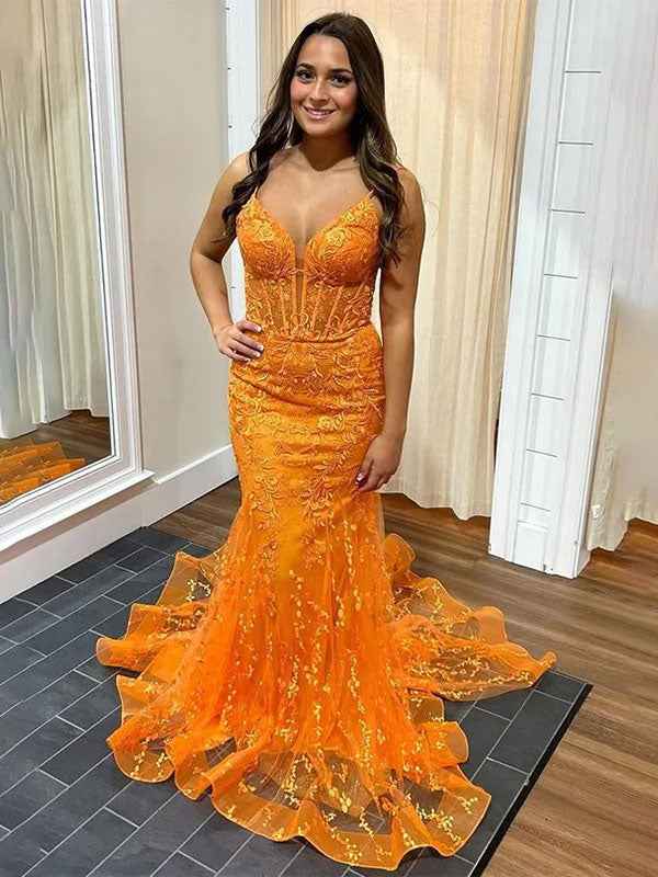 Orange Mermaid Prom Dress With V-Neck Lace Applique Sparkle