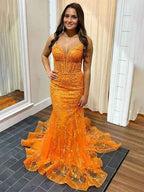Orange Mermaid Prom Dress With V-Neck Lace Applique Sparkle
