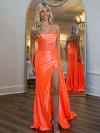 Orange Mermaid Satin Prom Dress With Sheer Corset Bodice