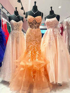 Orange Mermaid Spaghetti Tulle Tiered Long Prom Dress