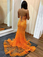 Orange Mermaid Prom Dress With V-Neck Lace Applique Sparkle