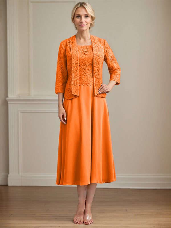 A-Linie U-Ausschnitt Wadenlang Chiffon-Kleid für die Brautmutter 