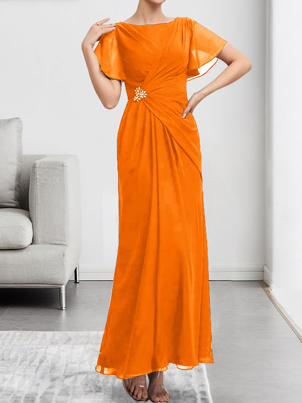 Robe de mère de la mariée en mousseline, longueur cheville, en ligne A, encolure dégagée, ornée de perles et plissée