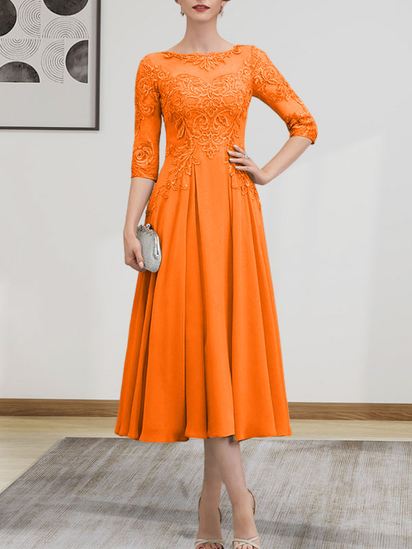 A-Linie, U-Ausschnitt, Illusion, knielang, Chiffon, Spitze, Kleid für die Brautmutter mit Perlen und Pailletten
