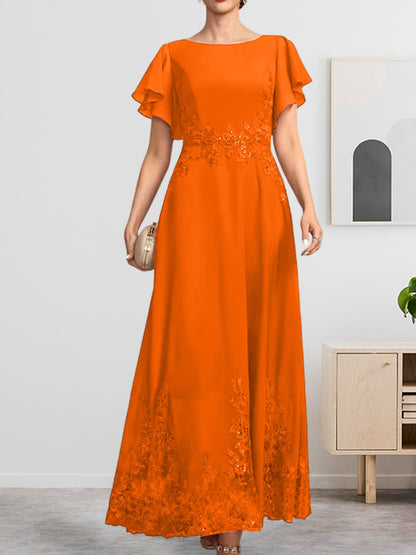Vestido de gasa con encaje y lentejuelas para madre de la novia, corte A, escote redondo hasta los tobillos