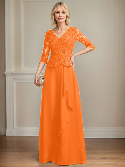 Vestido de madre de la novia de gasa con encaje, escote en V, largo hasta el suelo, con volantes en cascada y lentejuelas 