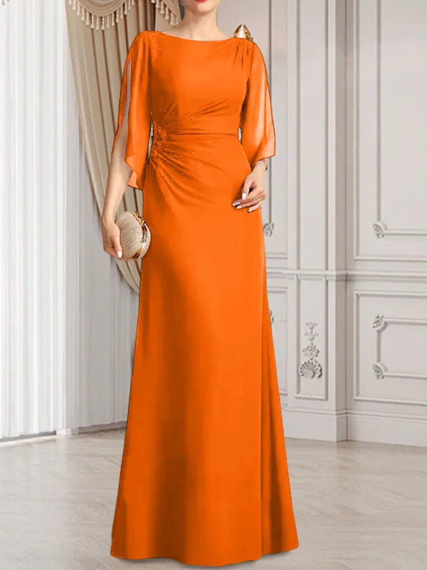 Vestido de madrina de novia de gasa largo hasta el suelo con corte columna y fajín plisado con cuentas