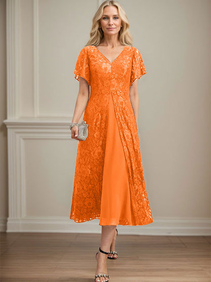A-Linie V-Ausschnitt Wadenlanges Chiffon-Kleid für die Brautmutter 