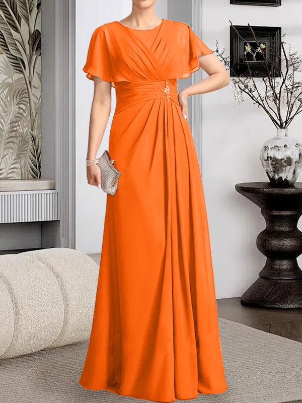 Robe de mère de la mariée en mousseline, longueur au sol, en ligne A, décolleté arrondi, ornée de perles plissées