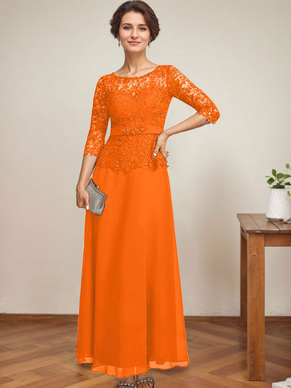 A-Linie, U-Ausschnitt, Illusion, knöchellang, Chiffon, Spitze, Kleid für die Brautmutter mit Strass-Perlen 