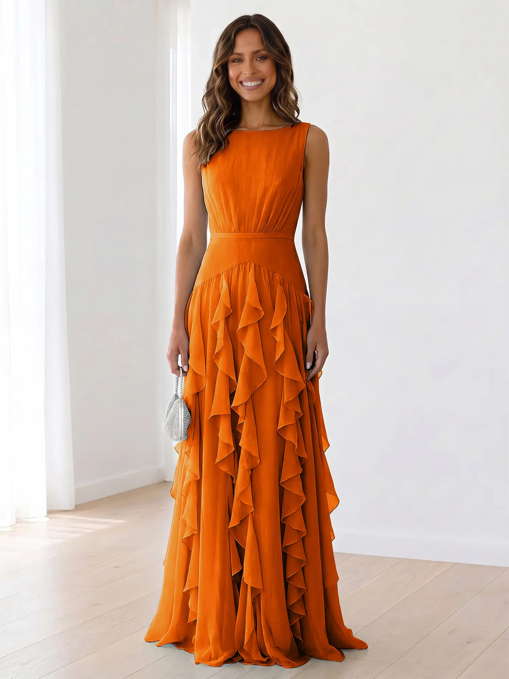 Sky Blue Tiered Chiffon Evening Maxi Dress With Ruched Bodice