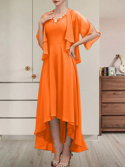 Vestido de gasa asimétrico para madre de la novia con escote en V, corte A y lentejuelas con abalorios