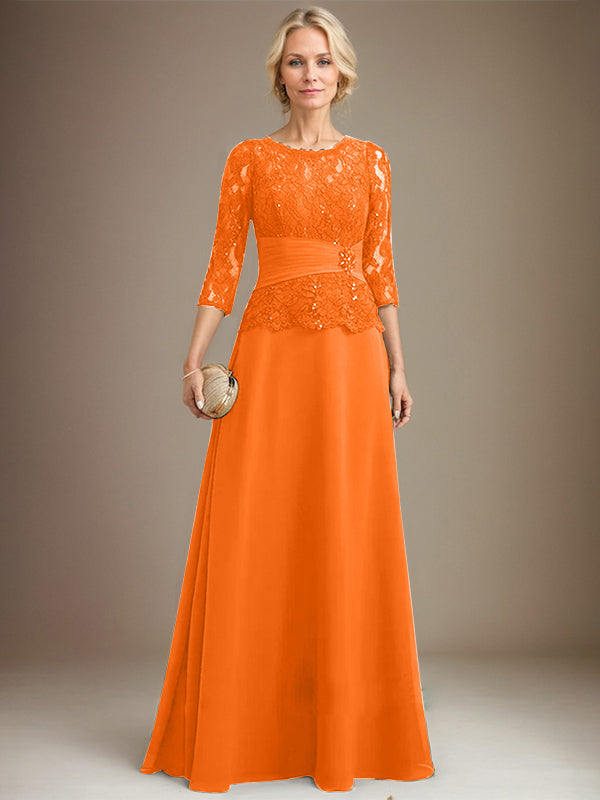 A-line Scoop Illusion Floor-Length Chiffon Lace Mother of the Bride Dress With Pleated Sequins Beading