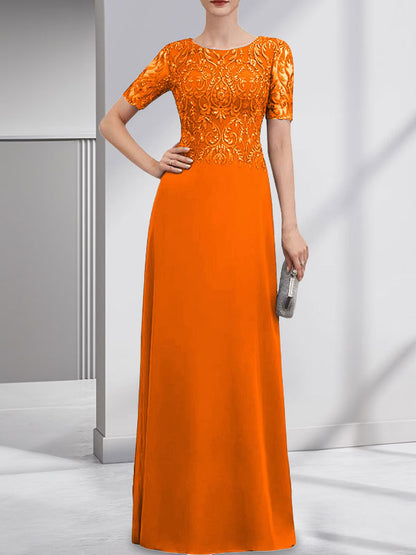A-Linie U-Ausschnitt Bodenlang Spitzen-Chiffon-Kleid für die Brautmutter mit Pailletten