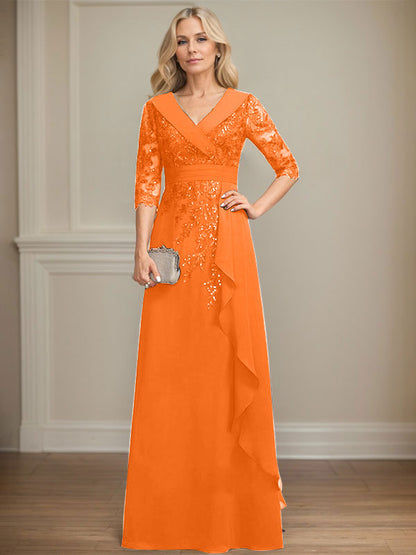 Vestido de madre de la novia de gasa con encaje, escote en V, corte A y largo hasta el suelo, con lentejuelas y volantes en cascada 