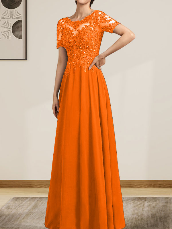 A-Linie U-Ausschnitt Illusion Bodenlang Chiffon Spitze Mutter der Braut Kleid mit Pailletten Perlen