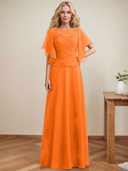 A-Linie, U-Ausschnitt, Illusion, bodenlanges Spitzen-Chiffon-Kleid für die Brautmutter mit Pailletten 