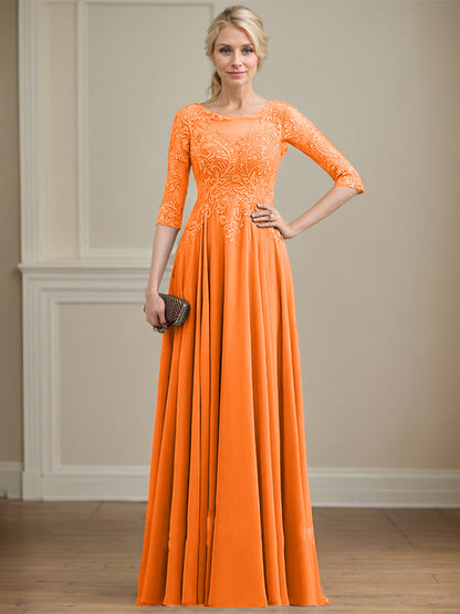 A-Linie, U-Ausschnitt, Illusion, bodenlanges Spitzen-Chiffon-Kleid für die Brautmutter mit Pailletten 