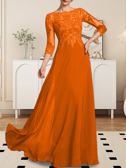 A-Linie U-Ausschnitt Bodenlang Spitzen-Chiffon-Kleid für die Brautmutter mit Pailletten