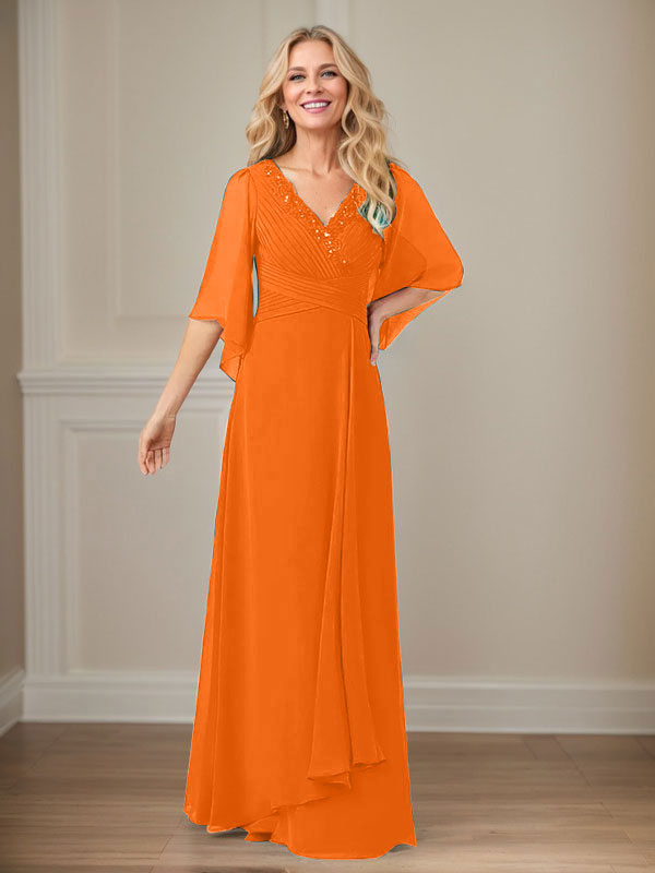 A-Linie V-Ausschnitt Lange Pailletten Chiffon Mutterkleid