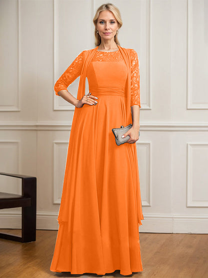 A-Linie U-Ausschnitt Illusion Bodenlang Spitze Chiffon Mutter der Braut Kleid Mit Plissee 