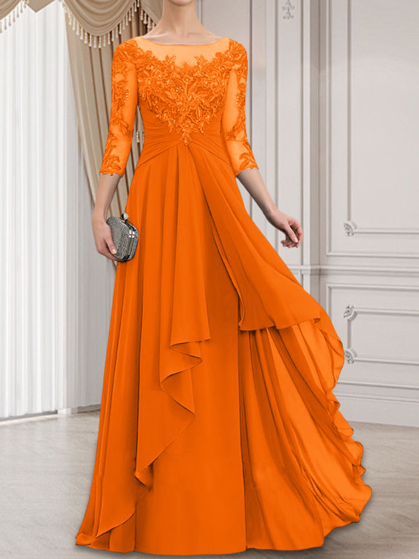 Robe de mère de la mariée en dentelle et mousseline, longueur au sol, ligne en A, décolleté en U avec volants en cascade