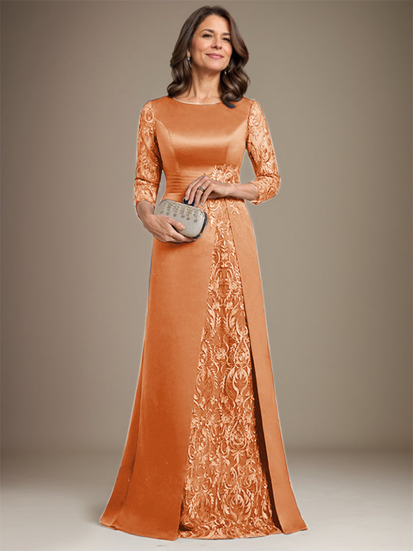 A-Line Scoop Floor-Length Lace Satin Mother Of the Bride Dress With Applique