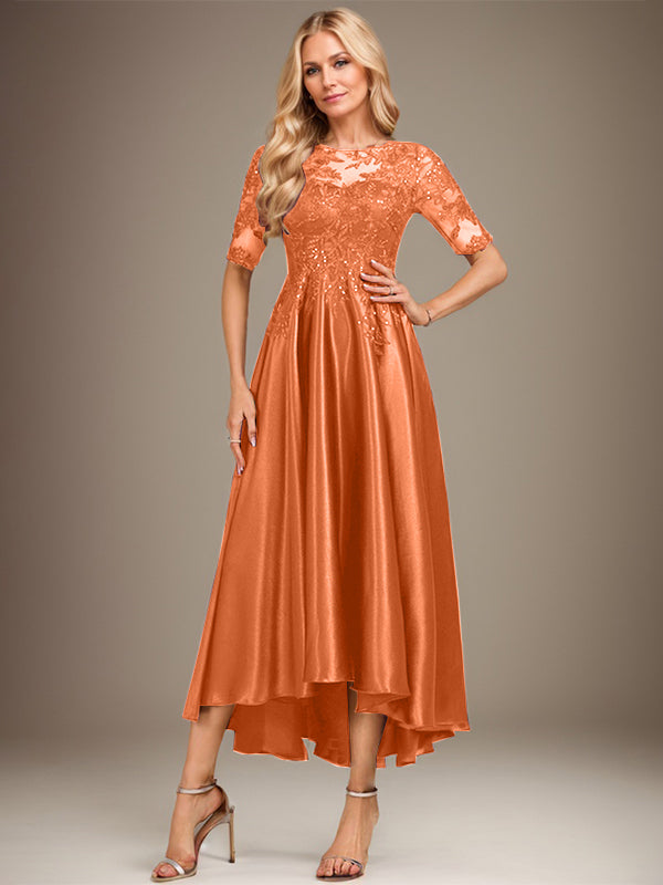 A-Linie, U-Ausschnitt, Illusion, asymmetrisch, Stretch-Satin, Spitze, Kleid für die Brautmutter mit Pailletten 