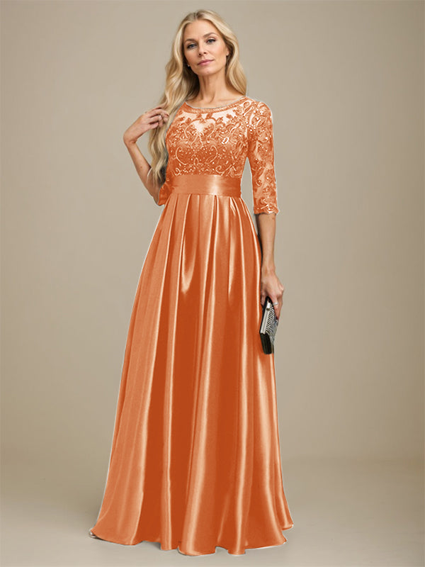 A-line Scoop Illusion Floor-Length Stretch Satin Lace Mother of the Bride Dress With Bow Sequins