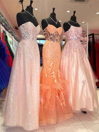 Orange Mermaid Spaghetti Tulle Tiered Long Prom Dress