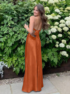 Blue A Line V Neck Beaded Back Tie Long Prom Dress