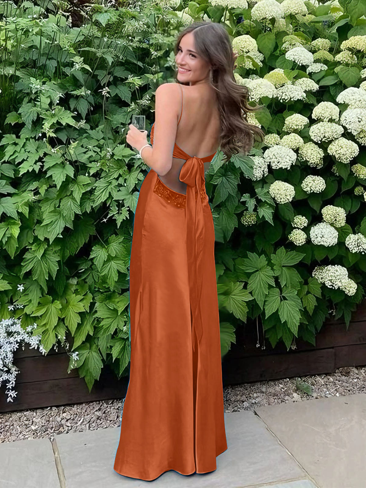 Blue A Line V Neck Beaded Back Tie Long Prom Dress