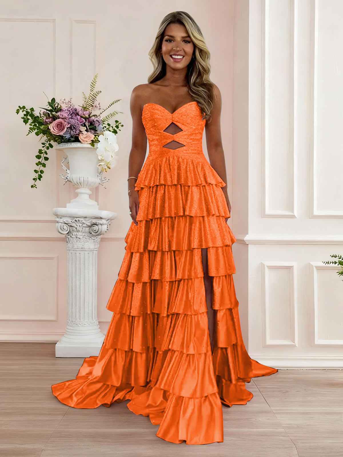 Pink Tiered A Line Strapless Sweetheart Satin Prom Dress With Keyhole