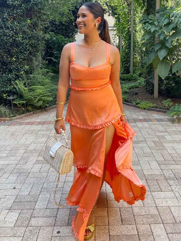Orange Satin A Line Corset Dress With Tiered Ruffle Skirt For Prom