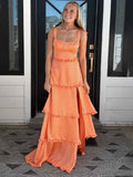 Orange Satin A Line Corset Dress With Tiered Ruffle Skirt For Prom