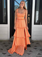 Orange Satin A Line Corset Dress With Tiered Ruffle Skirt For Prom