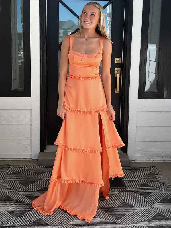 Orange Satin A Line Corset Dress With Tiered Ruffle Skirt For Prom