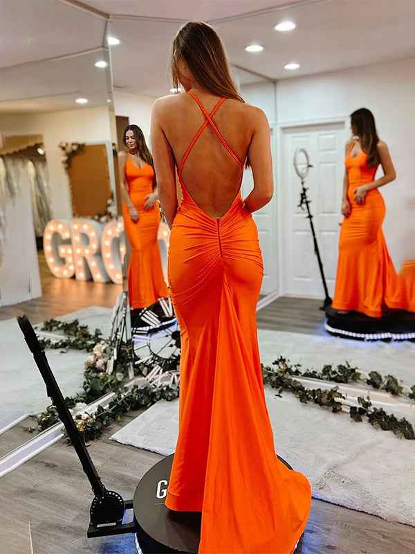 Orange Mermaid Halter Satin Long Prom Dress With Bold Silhouette