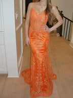 Orange Sequin Applique Mermaid Spaghetti Strap Prom Dress