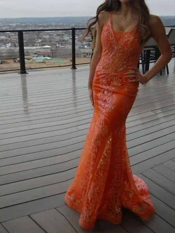 Orange Sequin Applique Mermaid Spaghetti Strap Prom Dress