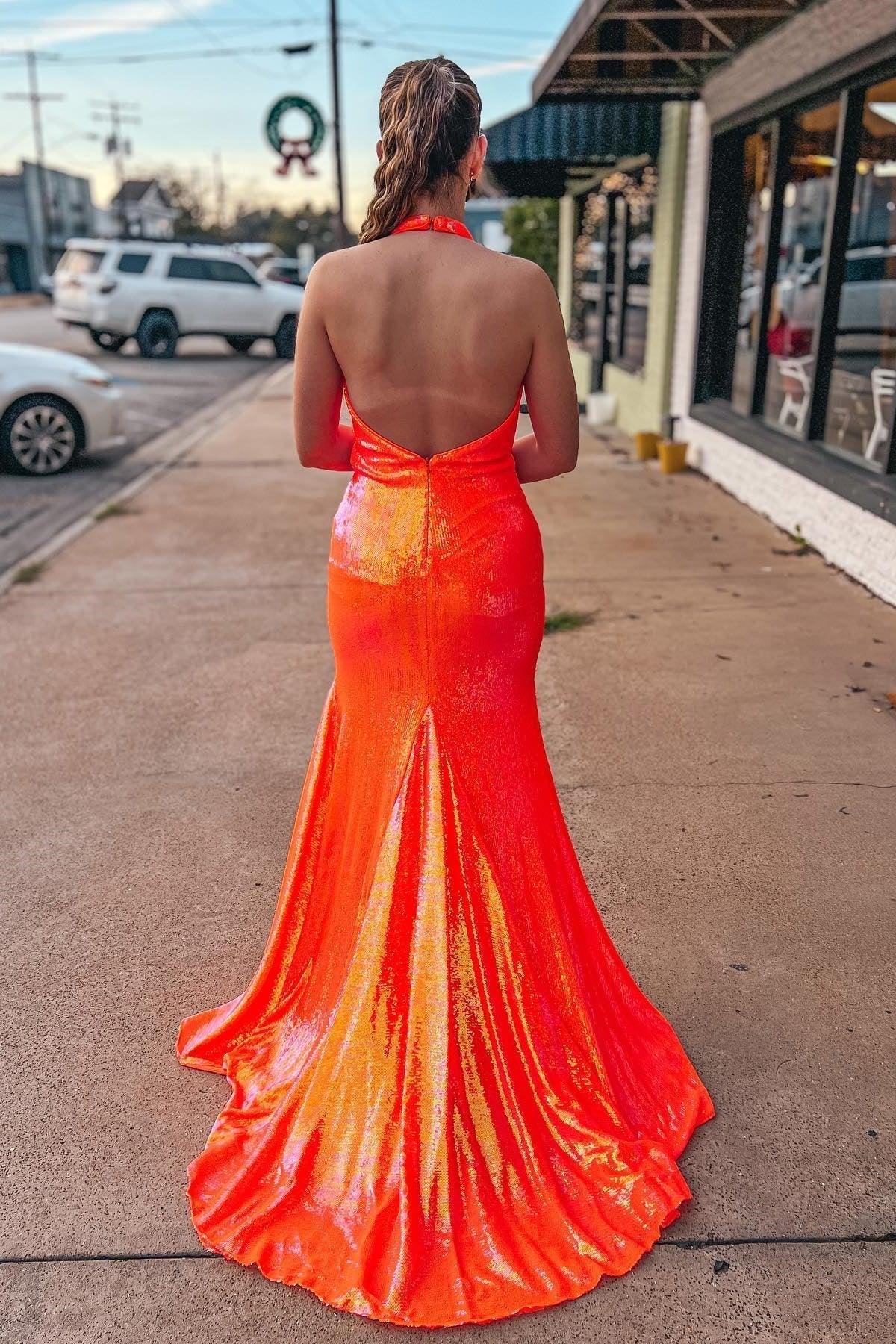 Abito da sera arancione con paillettes e collo all'americana SYP143