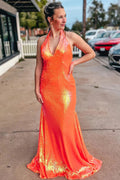 Abito da sera arancione con paillettes e collo all'americana SYP143