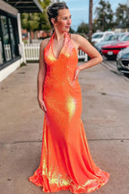Abito da sera arancione con paillettes e collo all'americana SYP143
