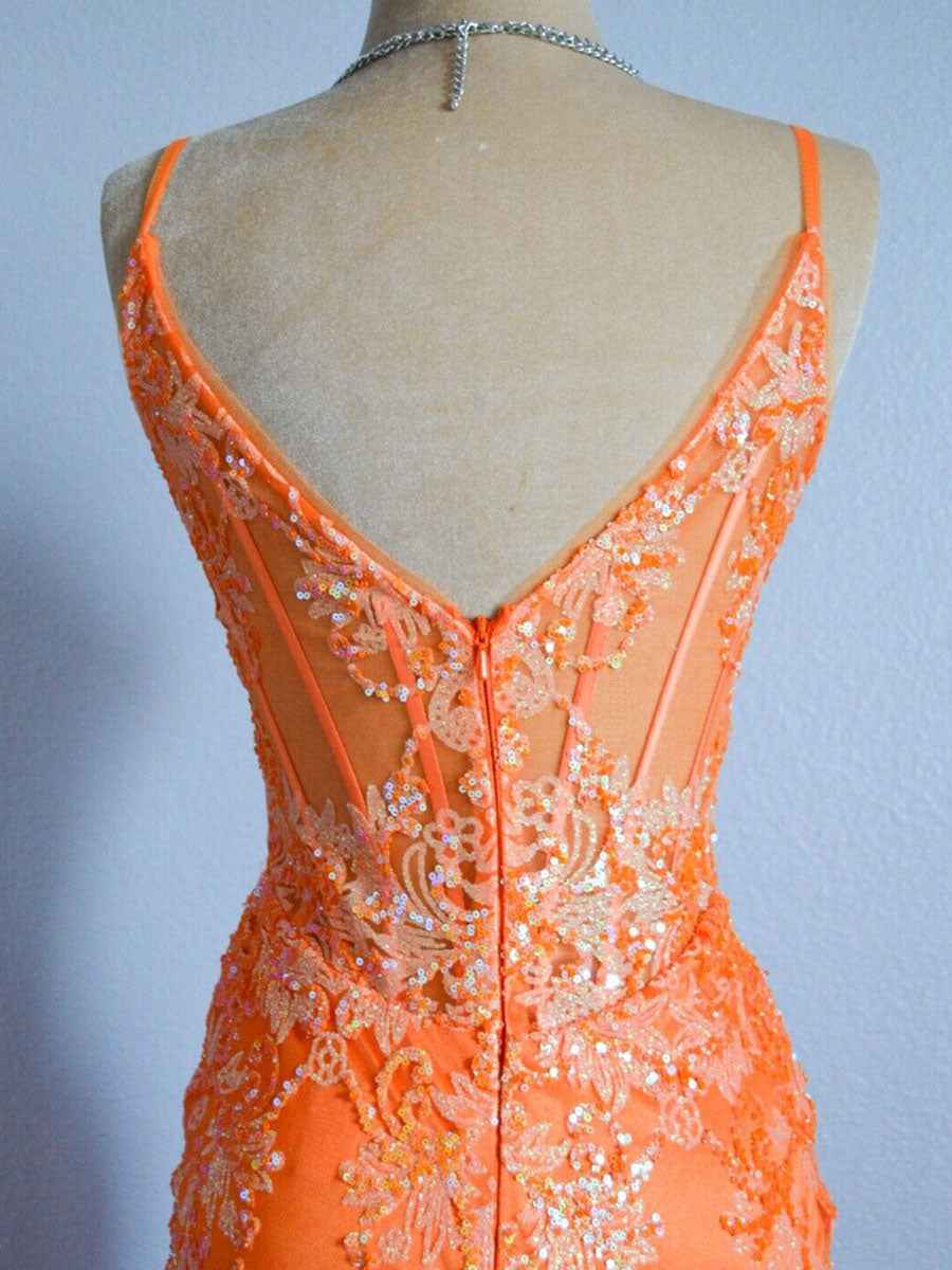 Orange Sequin Applique Mermaid Spaghetti Strap Prom Dress