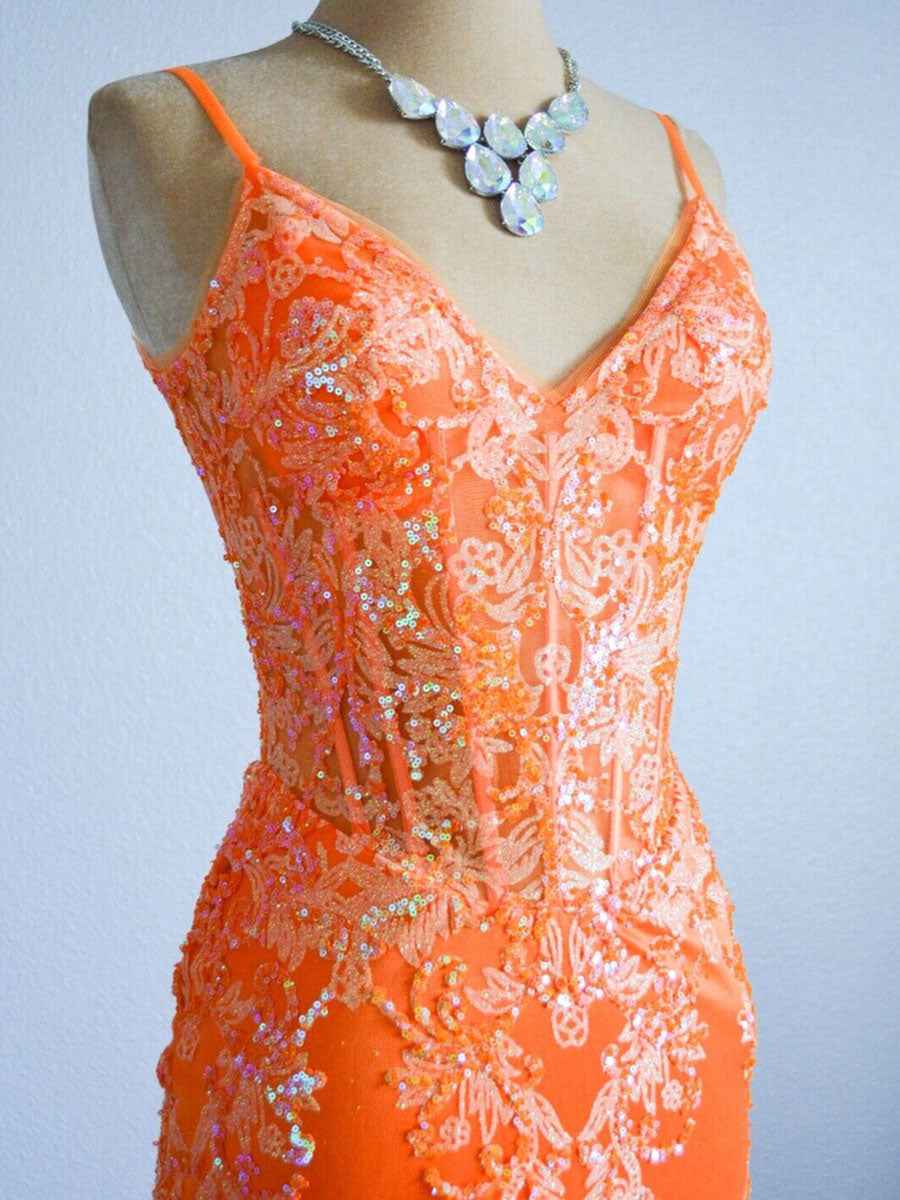 Orange Sequin Applique Mermaid Spaghetti Strap Prom Dress