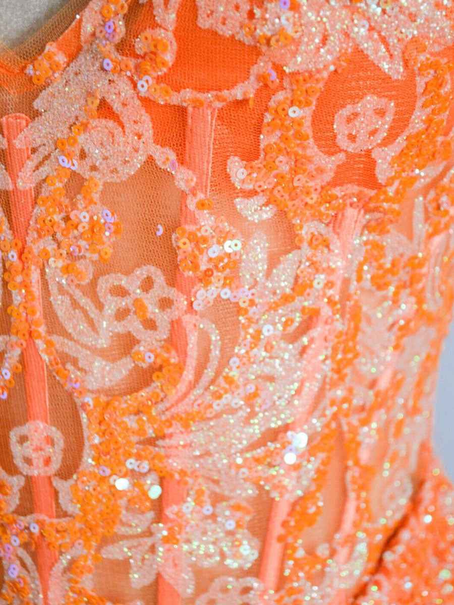 Orange Sequin Applique Mermaid Spaghetti Strap Prom Dress