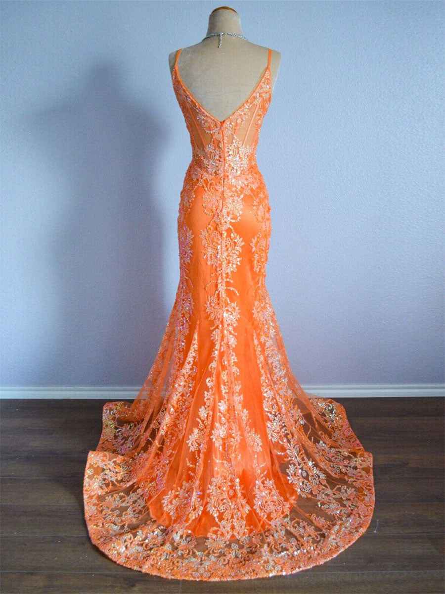 Orange Sequin Applique Mermaid Spaghetti Strap Prom Dress