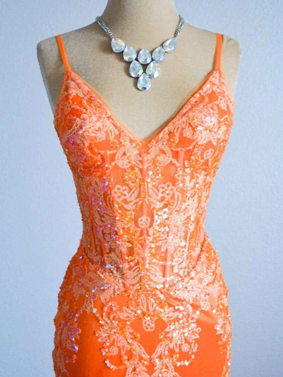 Orange Sequin Applique Mermaid Spaghetti Strap Prom Dress