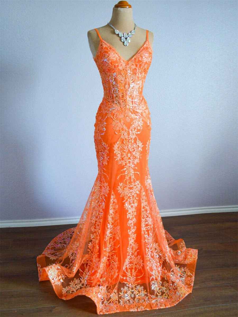 Orange Sequin Applique Mermaid Spaghetti Strap Prom Dress