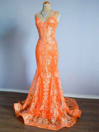 Orange Sequin Applique Mermaid Spaghetti Strap Prom Dress